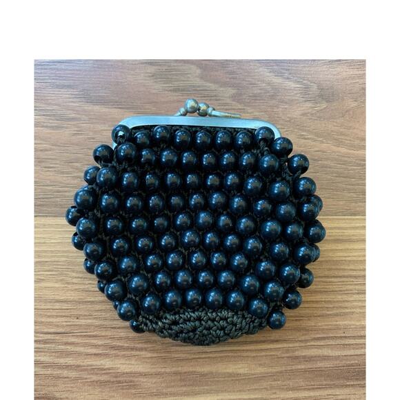 Vintage 1940s 50s Black Beaded Crochet Change Purse Kiss Lock Large Beads - Picture 9 of 9